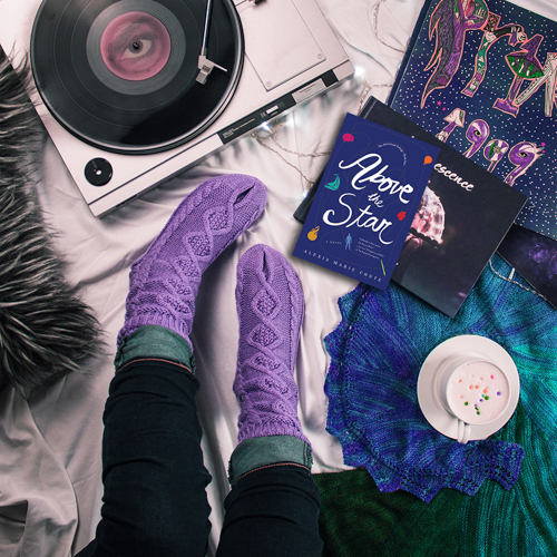 artistic photo with a record, foamy drink, and Above the Star by Alexis Marie Chute